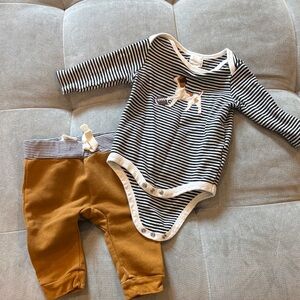 Striped Dog Onesie and Mustard jogger Pants Set